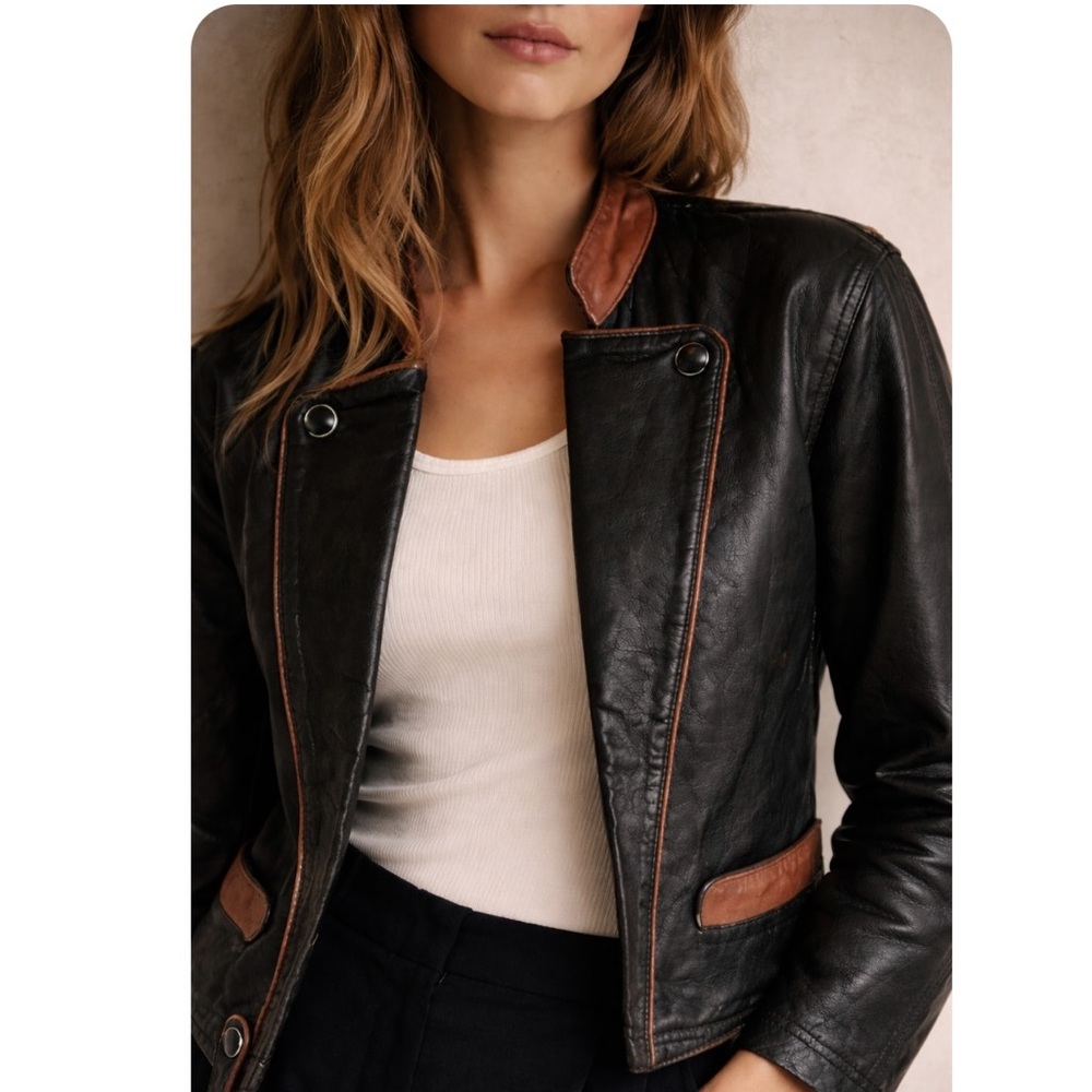 Vintage Butter Soft Black Leather Moto Jacket Brown Trim Quiet Luxury Minimalist - Picture 9 of 16
